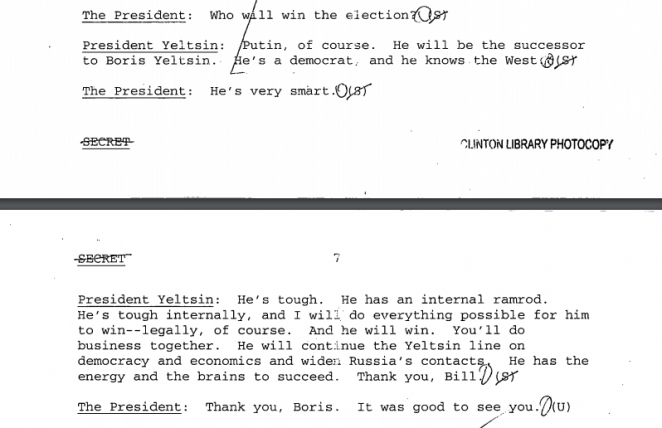 В США рассекретили расшифровку разговоров Ельцина с Клинтоном о Путине