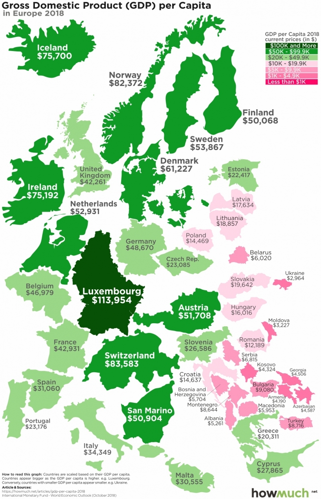 Как выглядит Беларусь по ВВП на душу населения на фоне Европы и мира