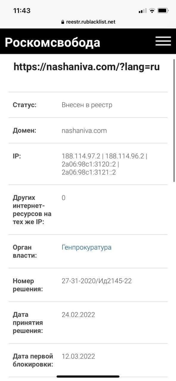 Сайт «Нашай Нівы» Nashaniva.com заблокирован в России