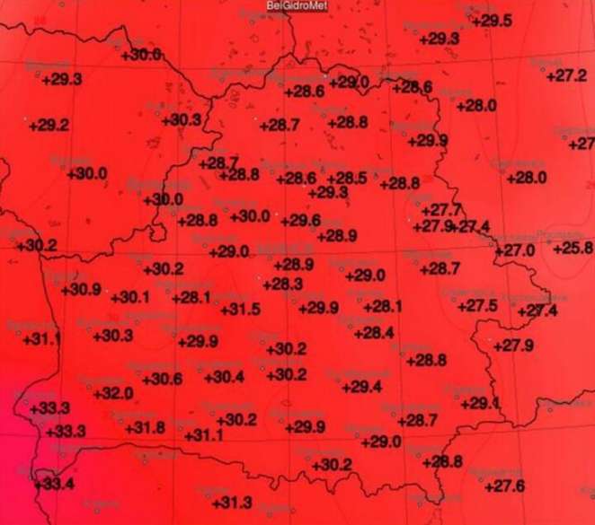 В первый день июля самыми жаркими городами страны стали Брест и Высокое — плюс 33,3°С