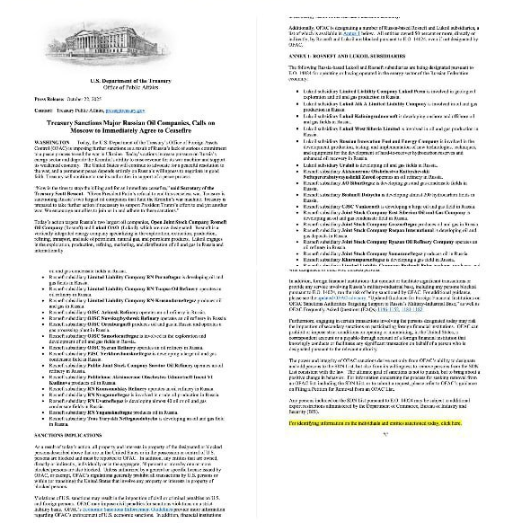 США ввели жесткие санкции против «Роснефти» и «Лукойла»